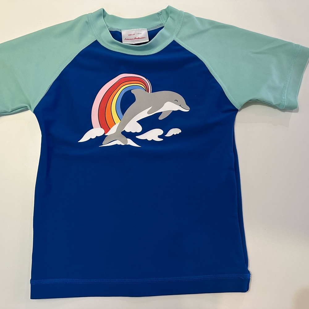 Hanna Andersson Blue and Green Rashguard with Retro Dolphin Rainbow Design